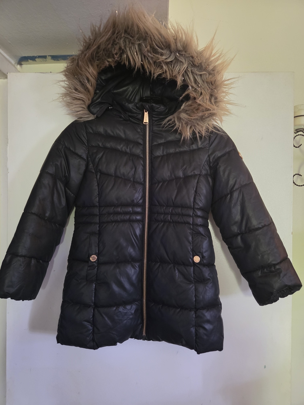 Girls' MICHAEL KORS Black Puffer Coat with Faux Fur Hood